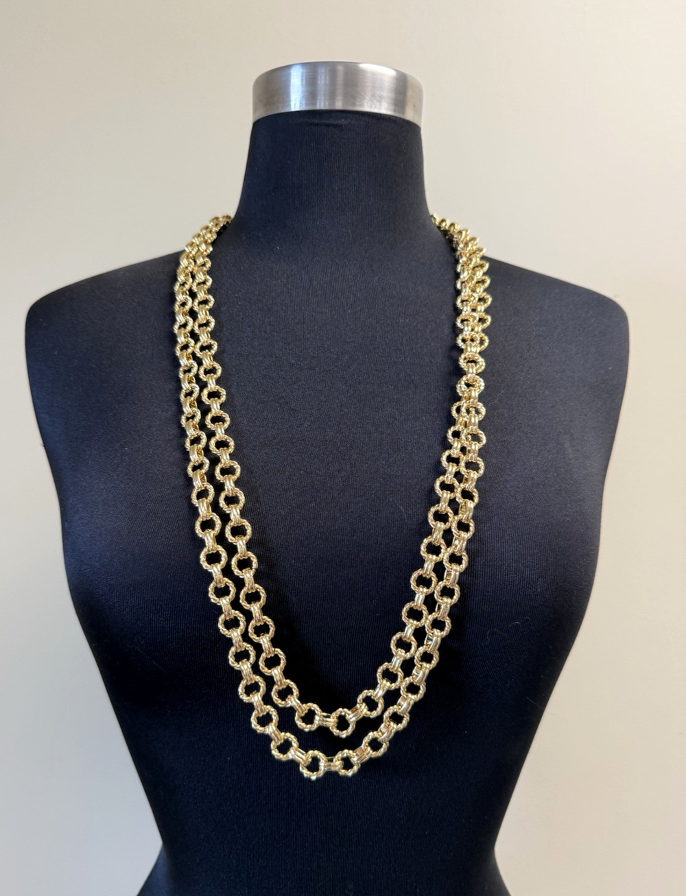 Talbots Gold Tone Double Strand Textured Link Statement Necklace 29" Signed